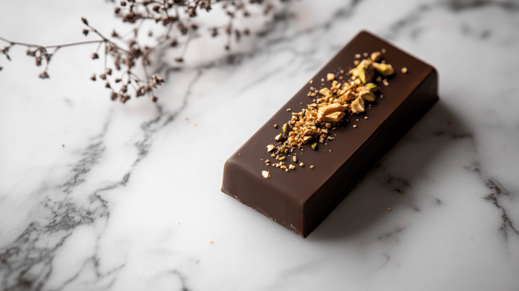 a sleek artisanal chocolate bar with tahini drizzle and pistachio toppings, styled on a marble surface.