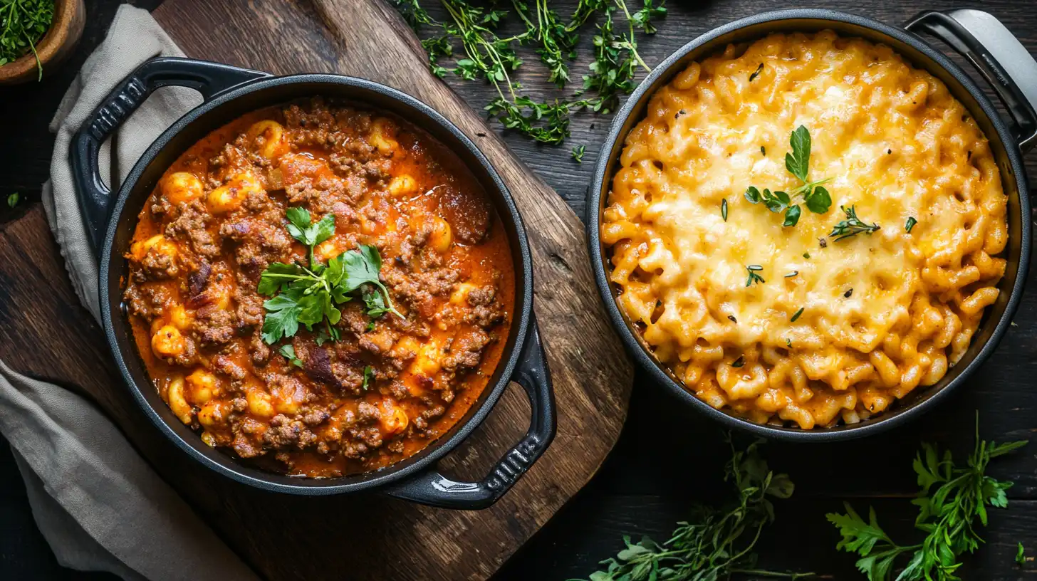 A top-down photo showcasing two cooking pots, one rich with a steaming paprika goulash and the other bubbling with cheesy beefaroni, garnished with fresh herbs.