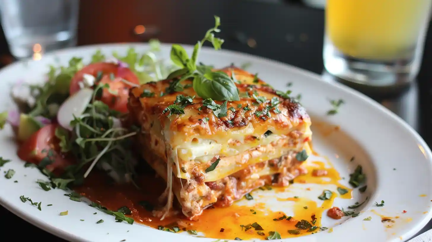 A beautifully plated lasagna slice on a white dish, garnished with fresh basil and accompanied by a side salad and a glass of lemon juice.