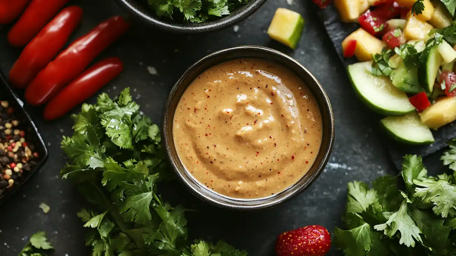 Chicken salad sauce with a variety of ingredients including hot sauce, herbs, and fruit pieces, arranged around a bowl of prepared sauce.