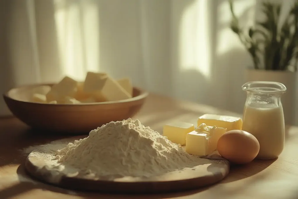 
A realistic and high-quality flat lay photo of Gipfeli ingredients (flour, butter, eggs, milk) neatly arranged on a wooden countertop.

