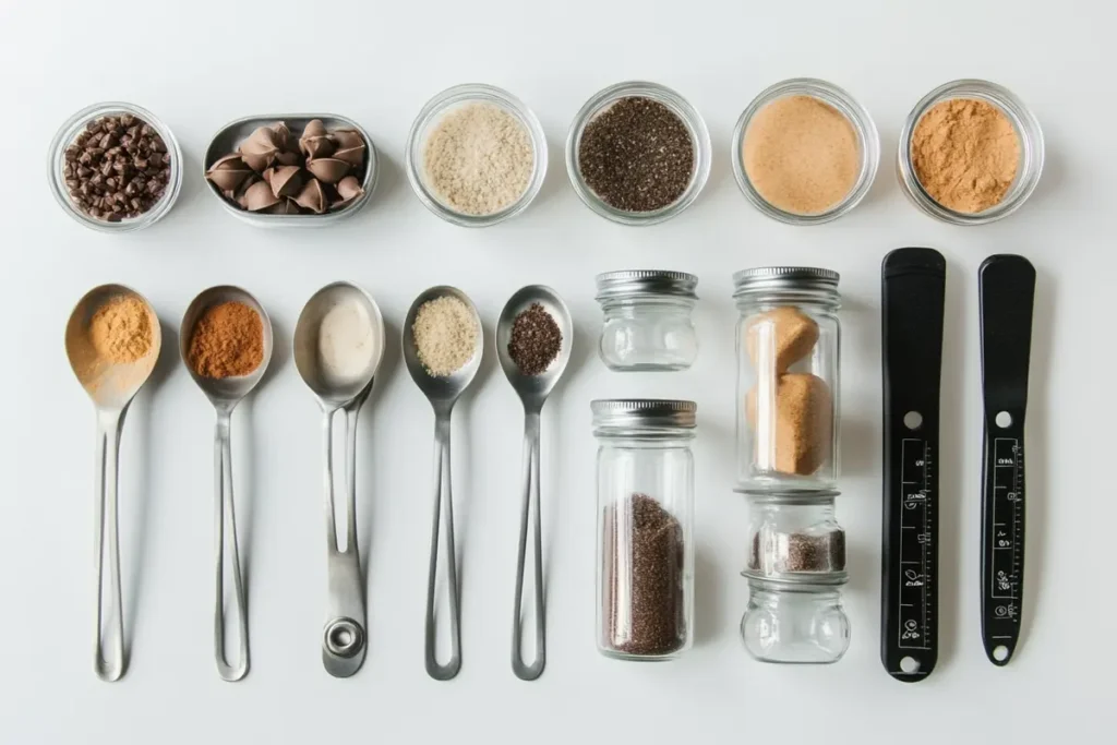 A neatly arranged flat lay of all brookie ingredients, including labeled jars and measuring spoons