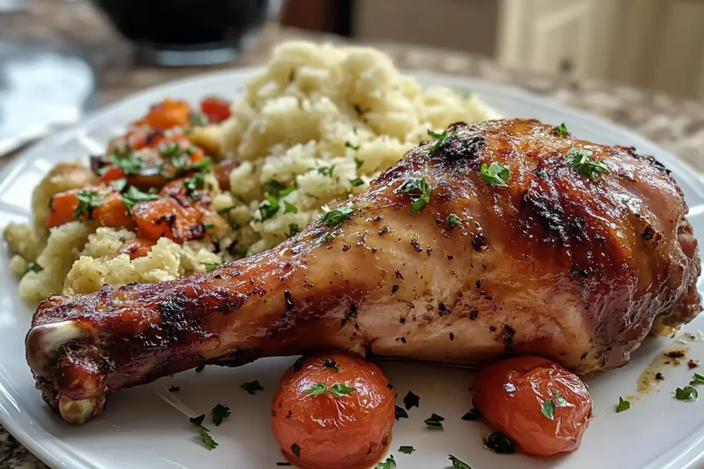 A final shot of a beautifully plated turkey leg meal with sides, ready to serve at a family table