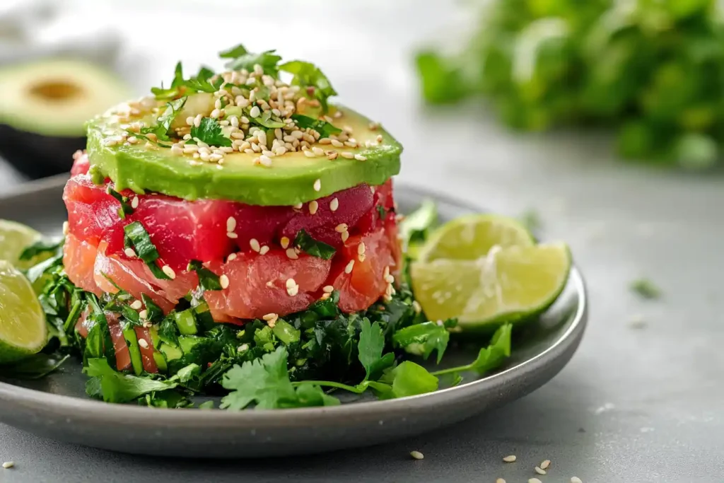 A close-up of a plated tuna tartare dish featuring layered tuna and avocado with sesame seed garnishes, framed by fresh lime slices and a clean, minimalist background