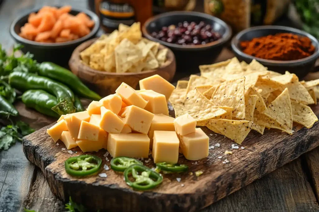 A rustic wooden board displaying cubed Velveeta, thick slices of smoked queso recipe, and a block of Pepper Jack, flanked by jalapeños and bowls of BBQ rub alongside a bag of tortilla chips.