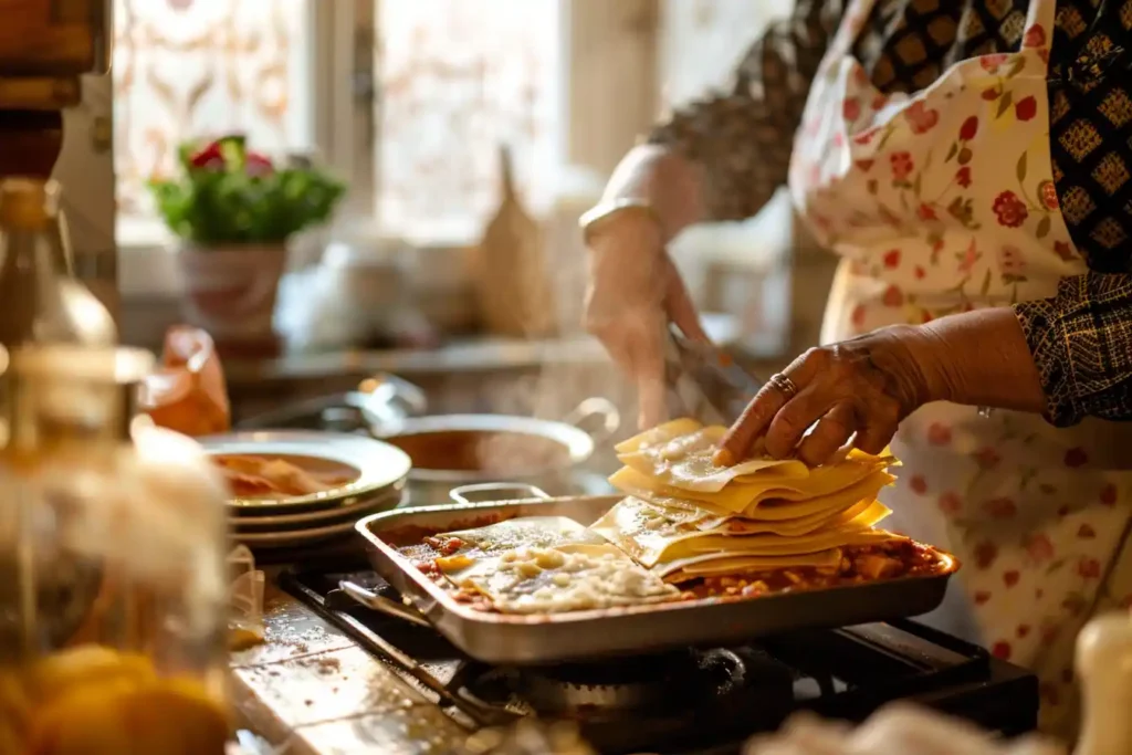 should I bake lasagna covered or uncovered: A warm Italian kitchen scene, with nonna preparing lasagna by layering pasta sheets and sauce, emphasizing tradition and nostalgia.