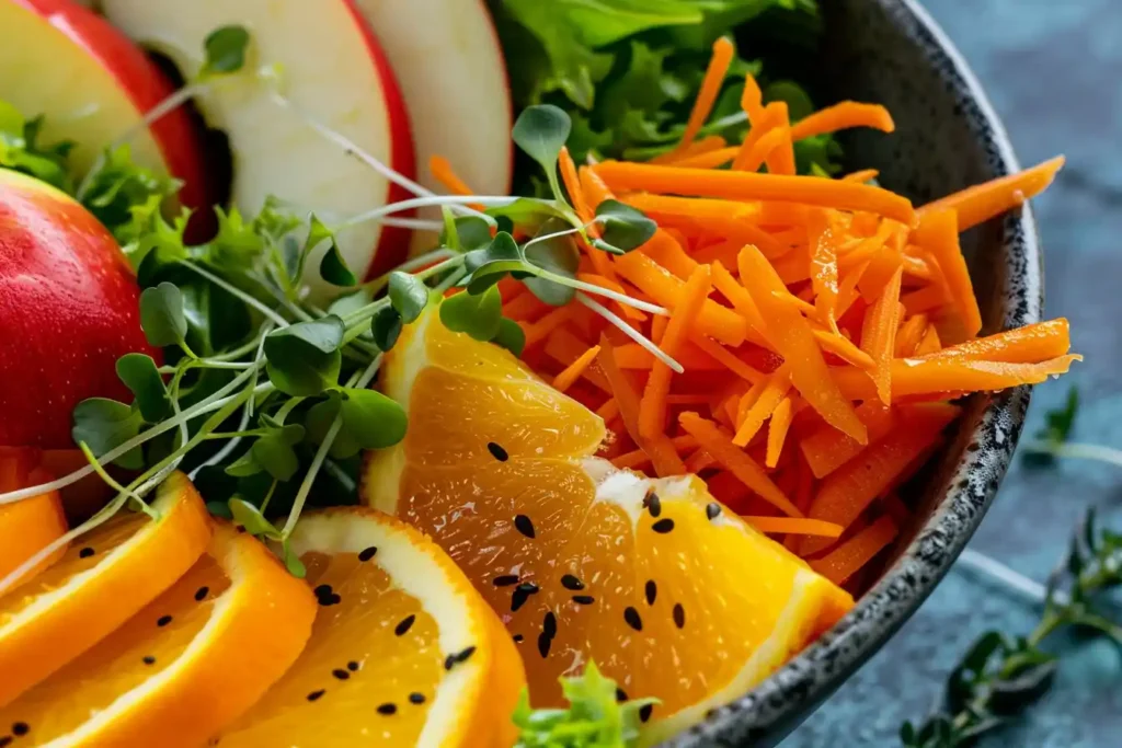 close-up shot of a salad bowl with grated carrots, apple slices, and orange wedges, garnished with fresh herbs.