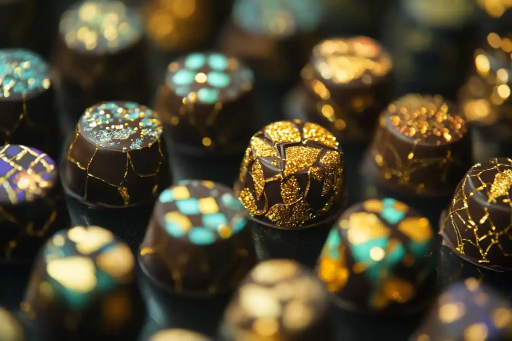 an image of intricately decorated chocolates infused with gold flakes, wrapped in lavish