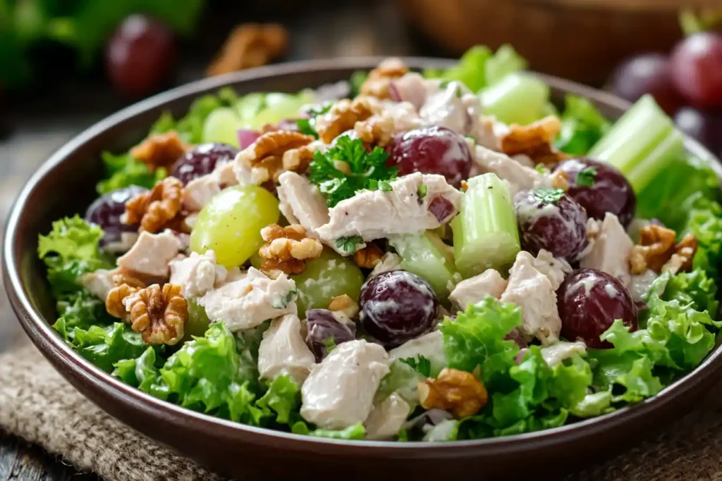 A beautifully plated bowl of chicken salad, showcasing fresh chicken chunks, grapes, walnuts, and celery on a light bed of lettuce.