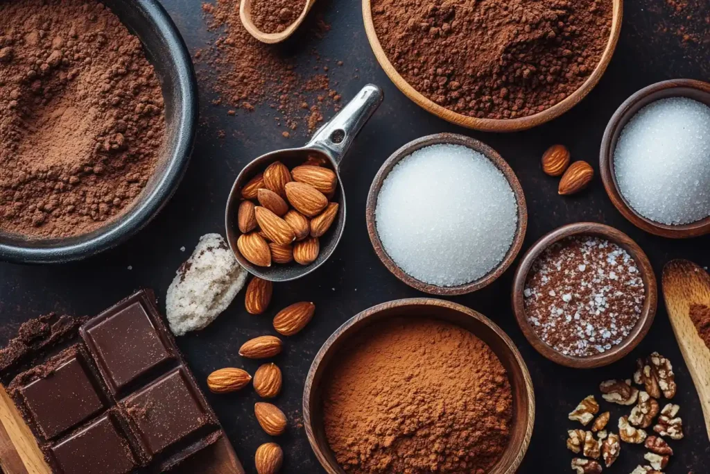 image of brownie ingredients arranged neatly on a counter. Include measuring cups filled with cocoa powder, sugar, salts, and a bowl of nuts. Use well-lit, natural tones.