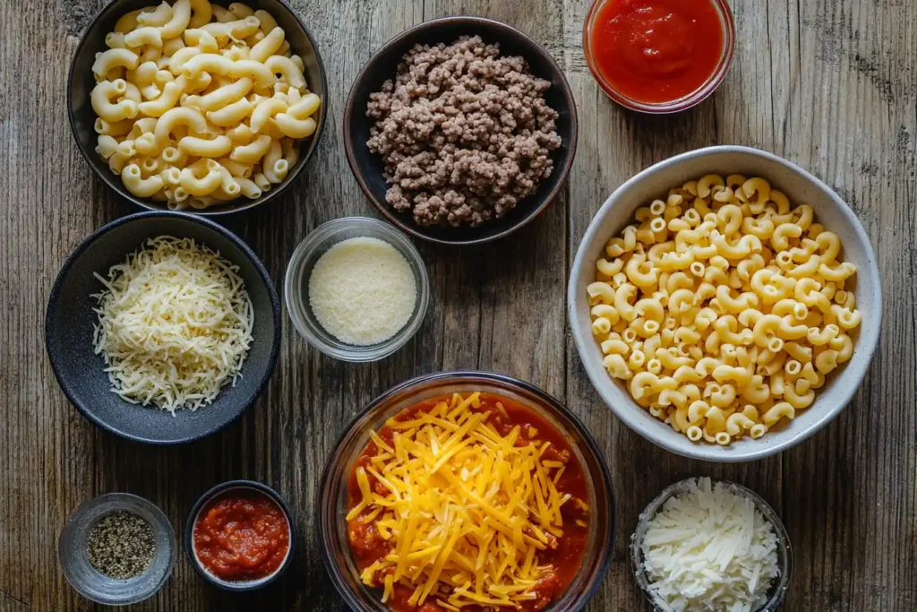 A flat lay of key ingredients, including ground meat, macaroni, tomato sauce, shredded cheese, and seasonings, arranged neatly on a countertop.