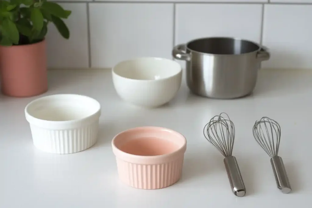 A flat-lay of the essential tools (ramekins, whisk, torch, and mixing bowls) on a clean countertop.