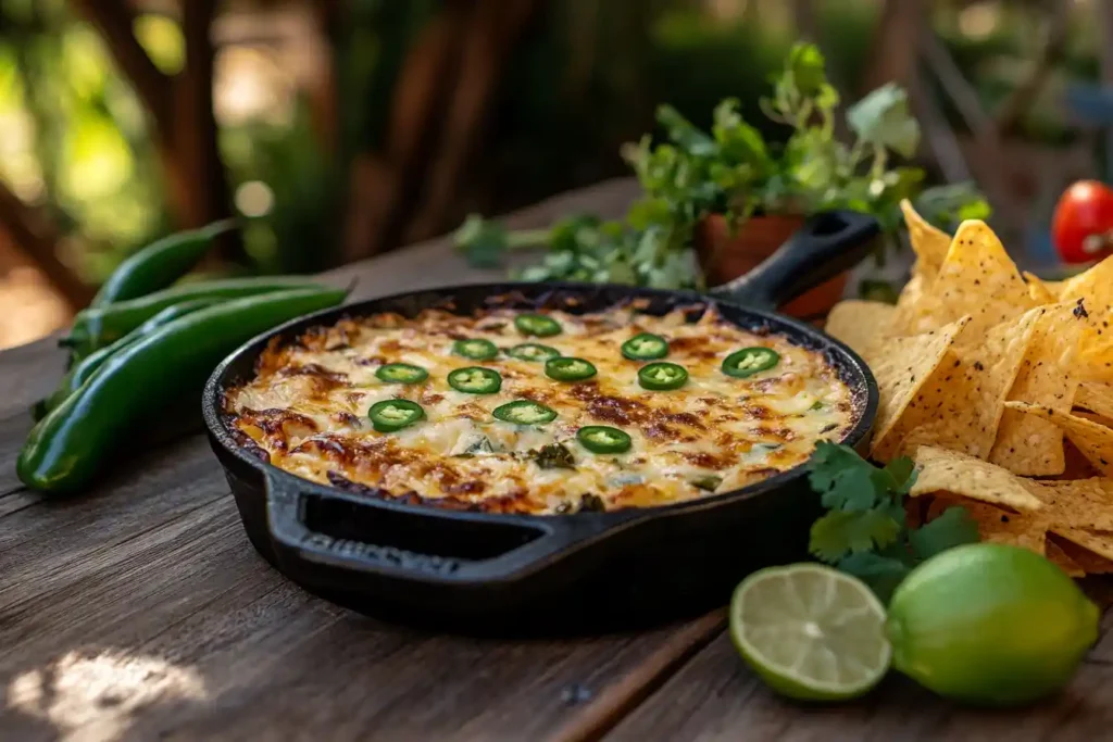 A rustic cast iron skillet filled with bubbling smoked queso sitting on a wooden outdoor table surrounded by tortilla chips and garnishes like jalapeños and limes.