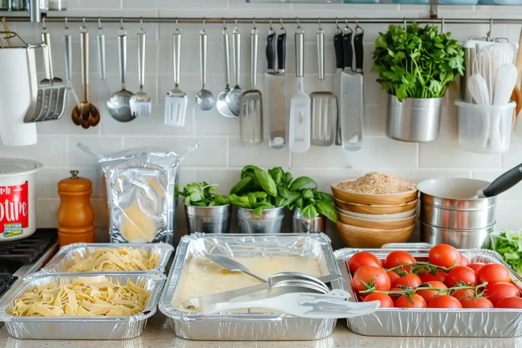 A neatly organized counter displaying lasagna tools: baking dishes, aluminum foil, fresh ingredients, and spatulas, all set for assembly.