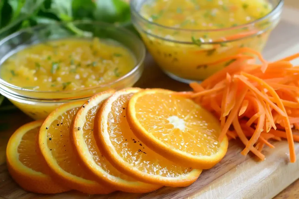 A bright, clean image of freshly cut orange slices and shredded carrots on a wooden cutting board with a bowl of fresh salad dressing