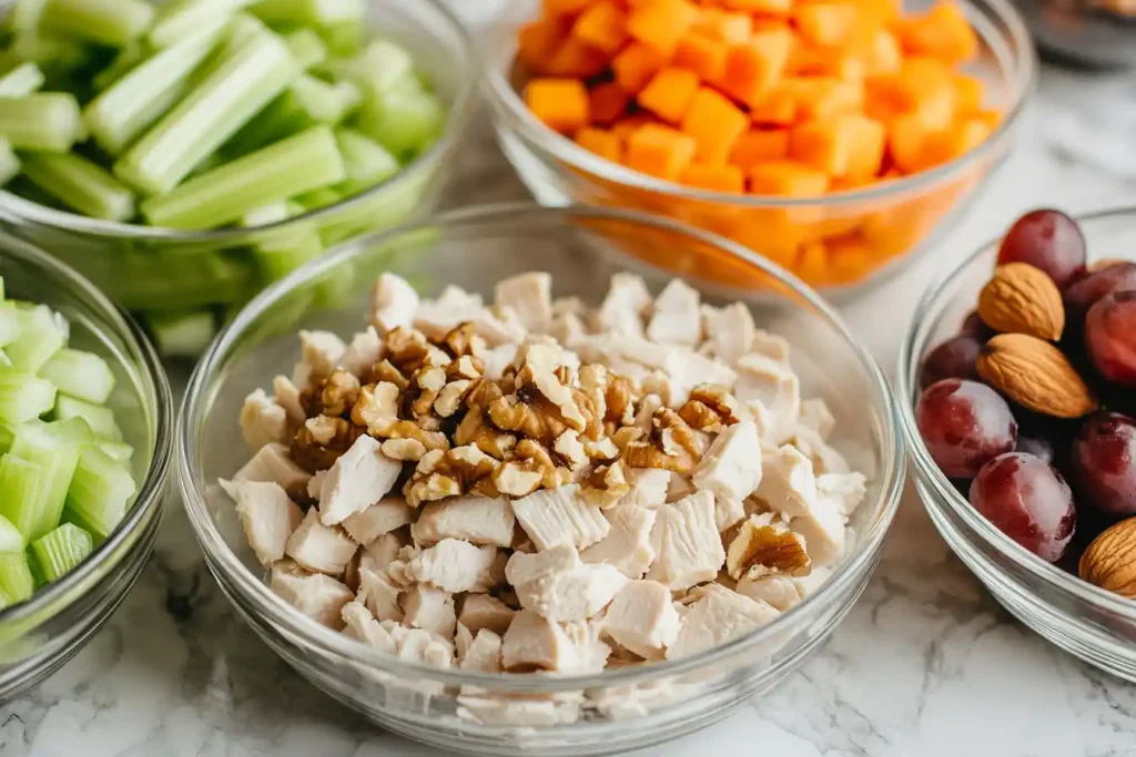 An up-close shot of the ingredients: chopped chicken, fresh celery, grapes, and walnuts in separate small bowls, ready for mixing.