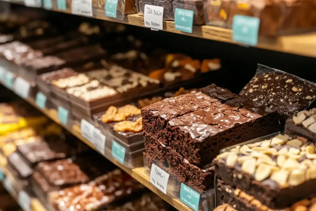 A close-up shot of a shelf filled with various brown packages. Highlight diverse options, including vegan, gluten-free, and premium brands.