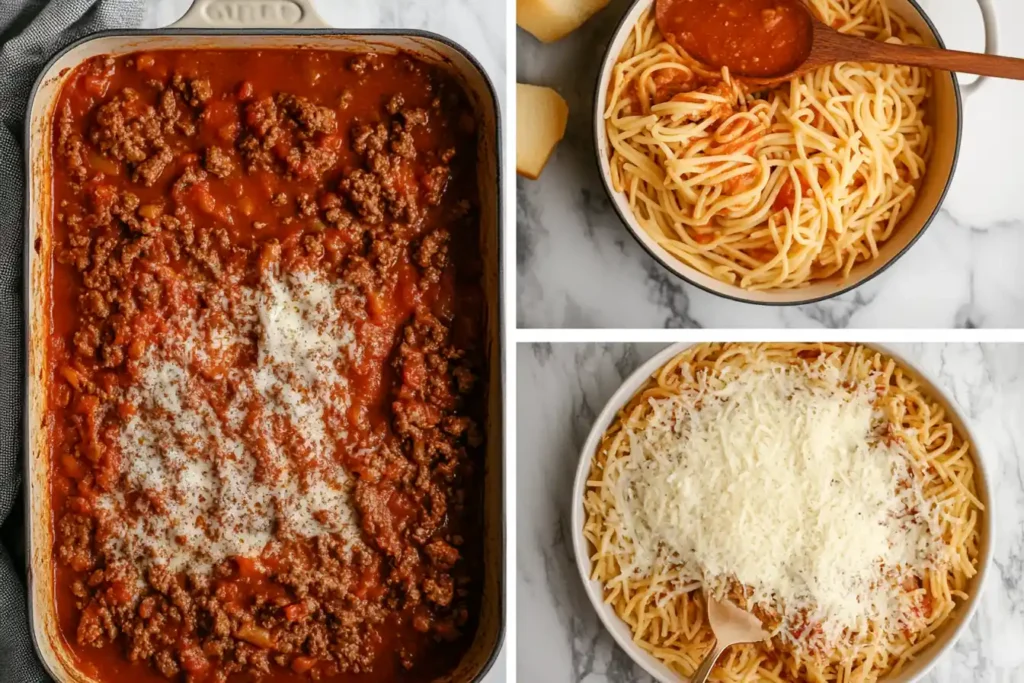 A step-by-step collage showing browned ground meat, sauce preparation, pasta mixing, and the final baked casserole.