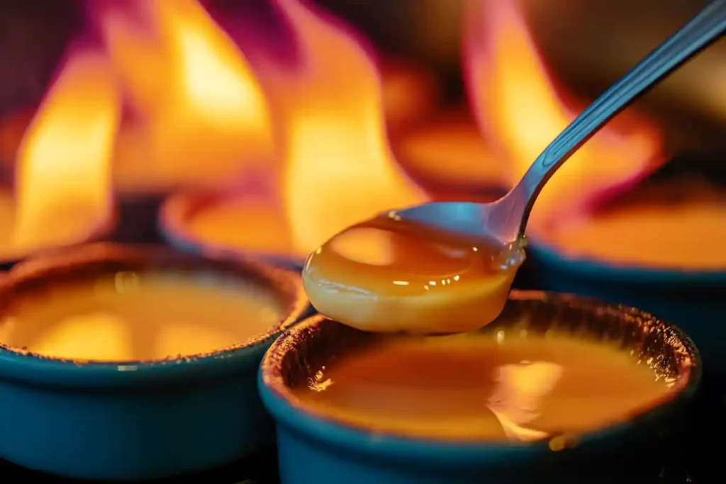 A vibrant photo of partially torched ramekins, with one spoon cracking through the caramel crust to reveal the creamy custard beneath.