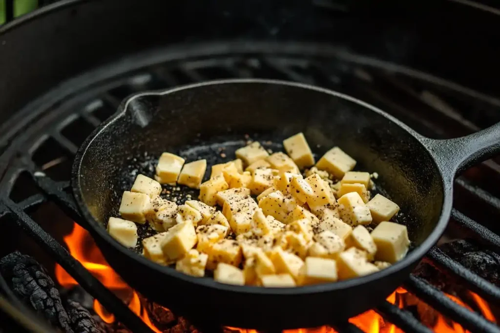 A photo of a preheated smoker or pellet grill with glowing wood chips inside, next to a prepared cast iron skillet filled with cubed cheese and other ingredients, ready to smoke.