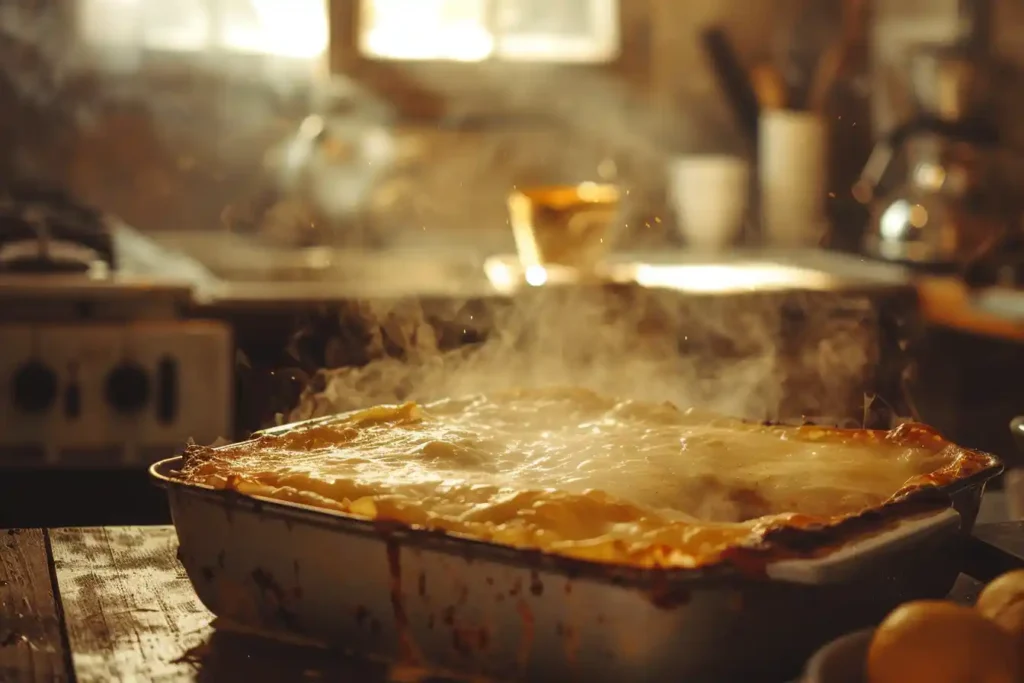 should I bake lasagna covered or uncovered: A shot capturing a bubbling lasagna with golden-brown cheese edges inside a rustic kitchen setting