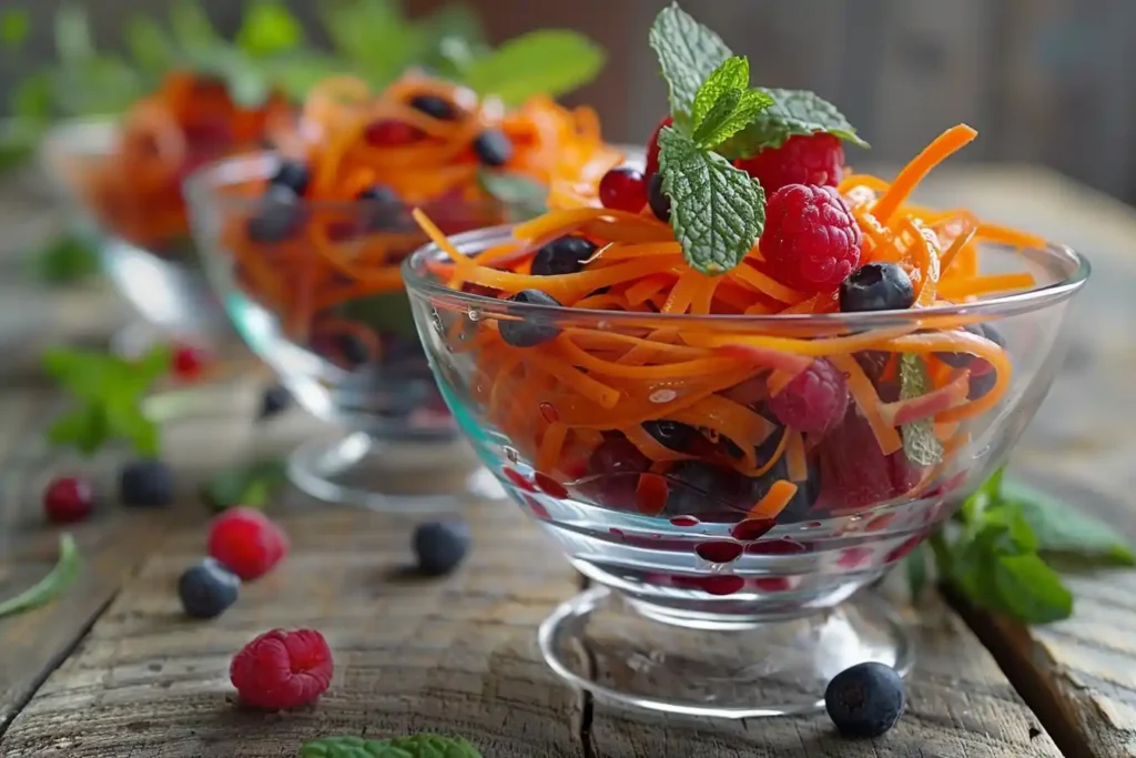 A colorful berry and carrot salad served in a glass bowl, garnished with mint leaves, set on a rustic wooden table.