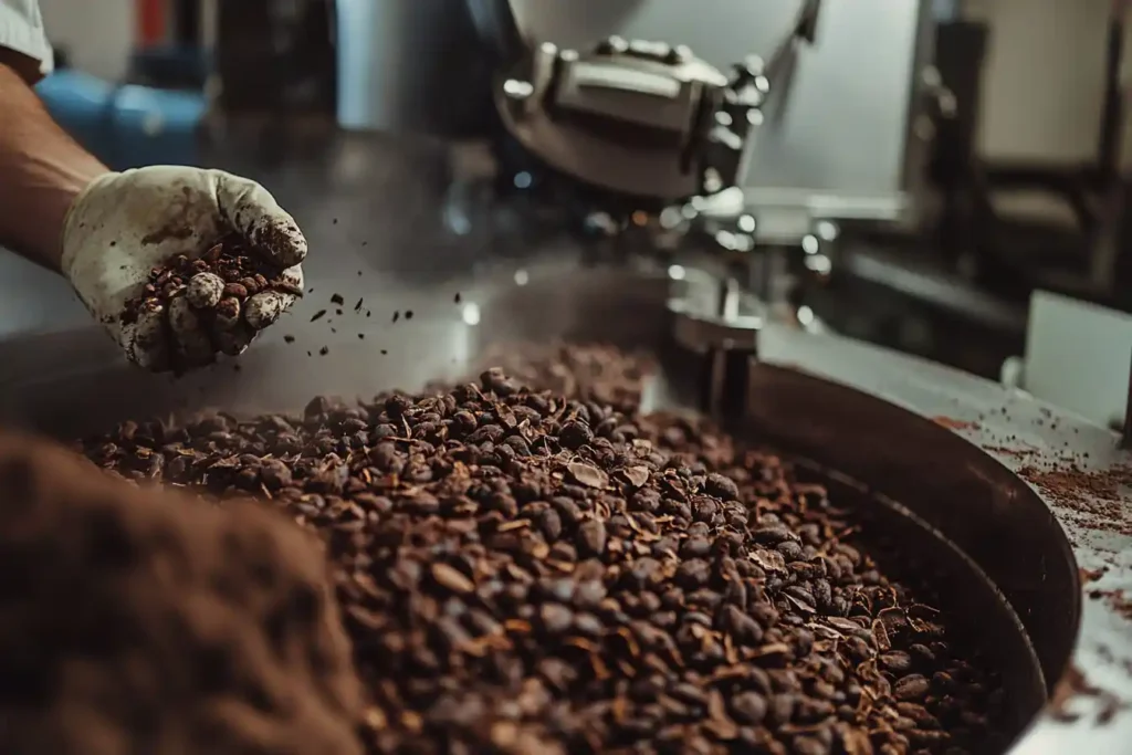 A close-up of cocoa beans being sorted by hand, alongside advanced chocolate-making machinery.