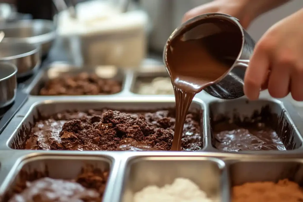 visual of brownie preparation, including pre-measured ingredients, mixing the batter, and pouring it into a baking pan.