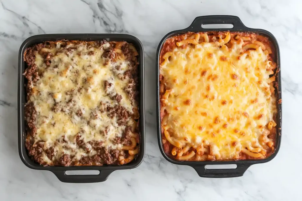 A slider comparison of a baked pasta dish, showing the raw cheese layer before and its golden-brown topping after baking.