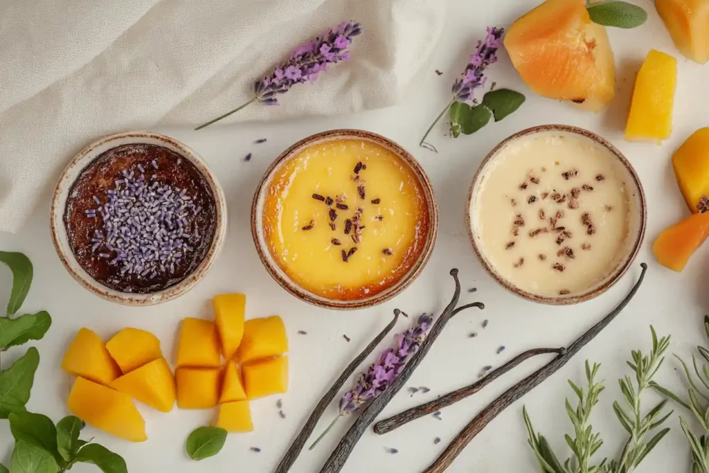 A flat-lay of three flavored crème brûlées lavender, chocolate, and mango swirl accompanied by their raw ingredients like vanilla beans and fruit.