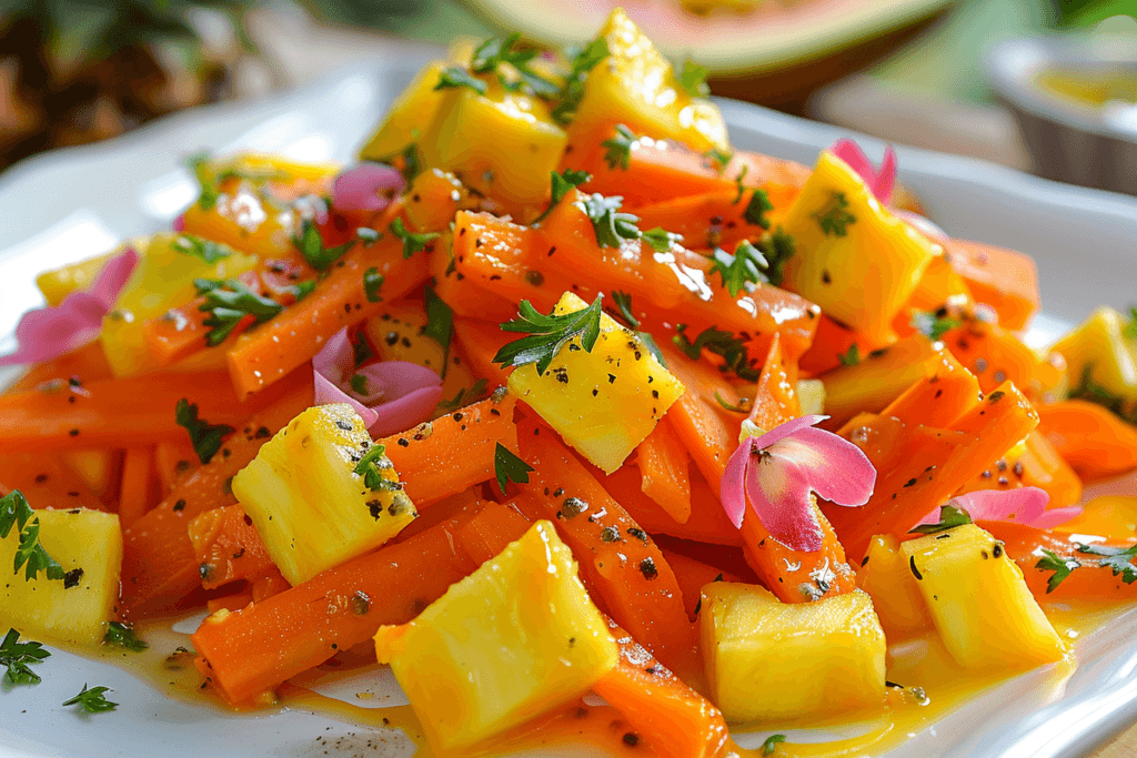 A tropical-themed carrot and pineapple salad garnished with freshly sliced mango and a drizzle of passion fruit dressing, served on a white plate.