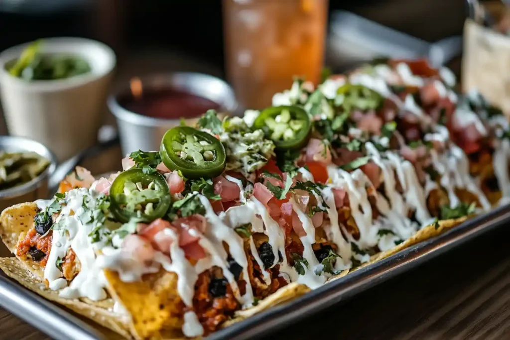 A tray of loaded nachos drizzled generously with smoked queso and topped with fresh ingredients like jalapeños and cilantro.