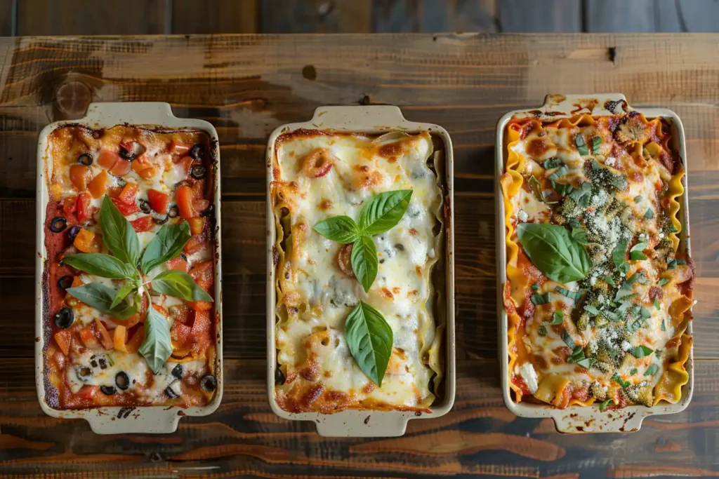 should I bake lasagna covered or uncovered: A top-down view of three lasagna variations (classic, vegetarian, and Mexican fusion)