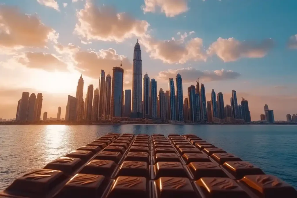 trending TikTok video featuring Dubai chocolate, with hashtags highlighting luxury and exclusivity.