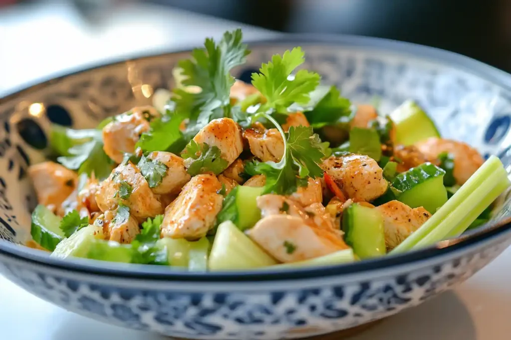 A bowl of the Classic Carol chicken salad garnished with fresh celery and a mix of herbs on an elegant plate.