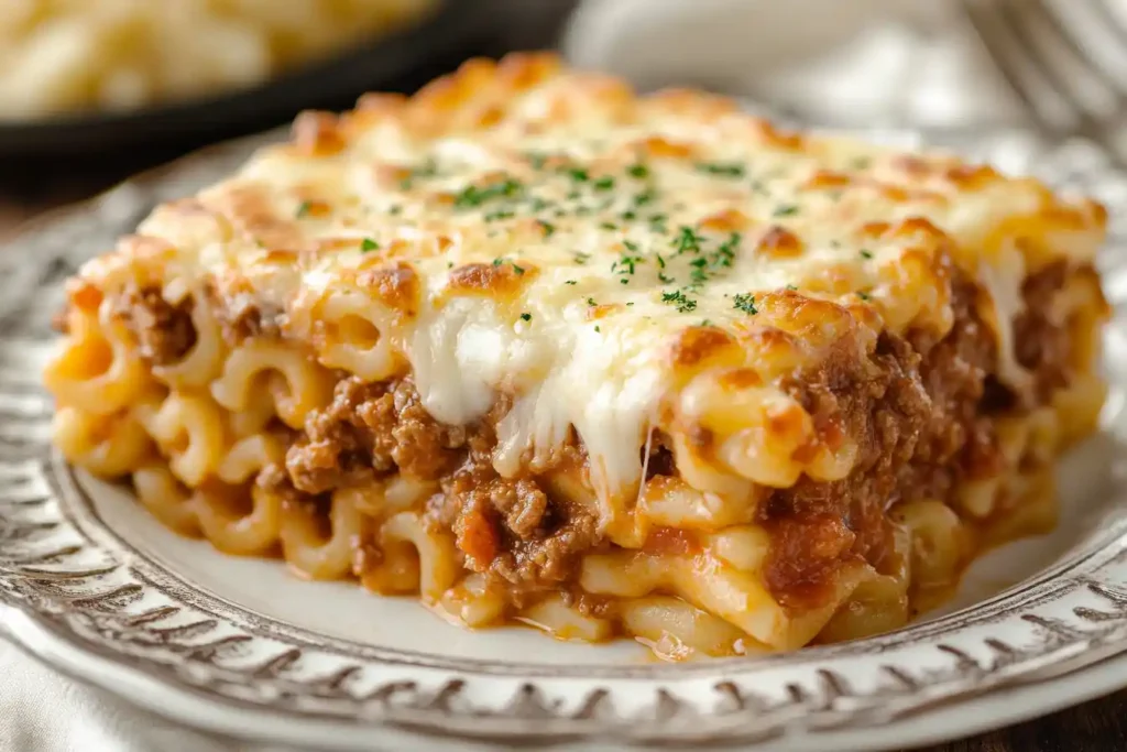 Beefaroni Made Of: A perfectly plated pasta dish, emphasizing the layers of sauce, melted cheese, and tender pasta.