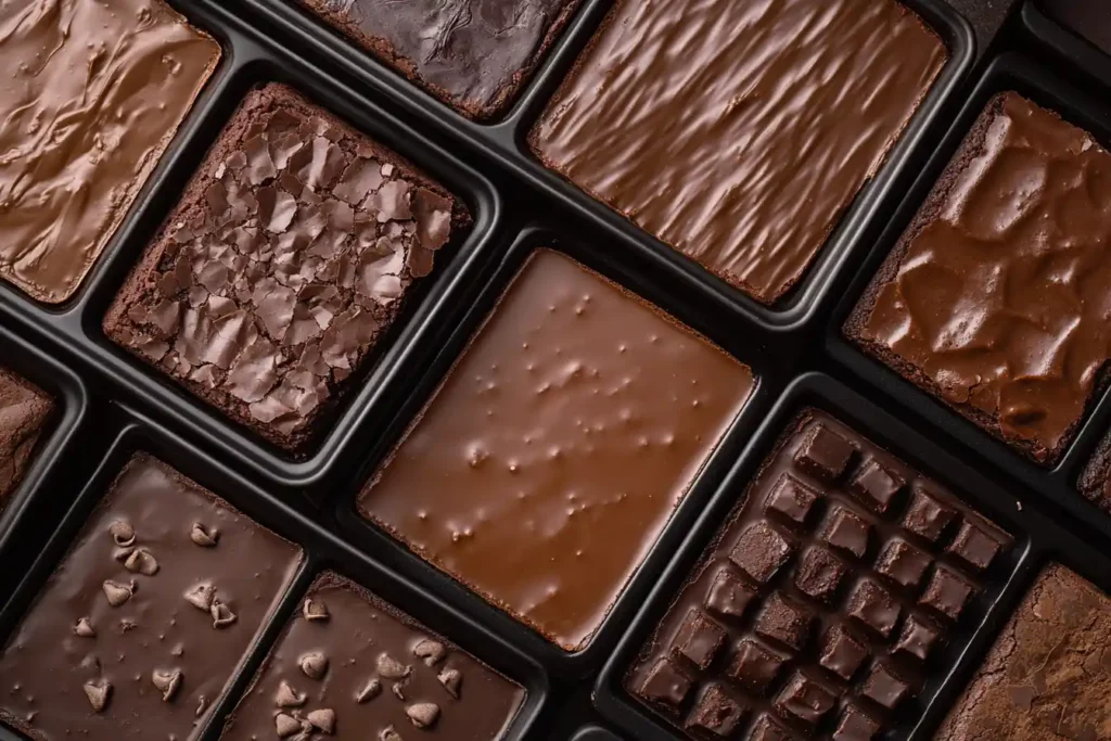 A close-up of brownies in different pans with fudgy, chewy, and cakey textures labeled for comparison.