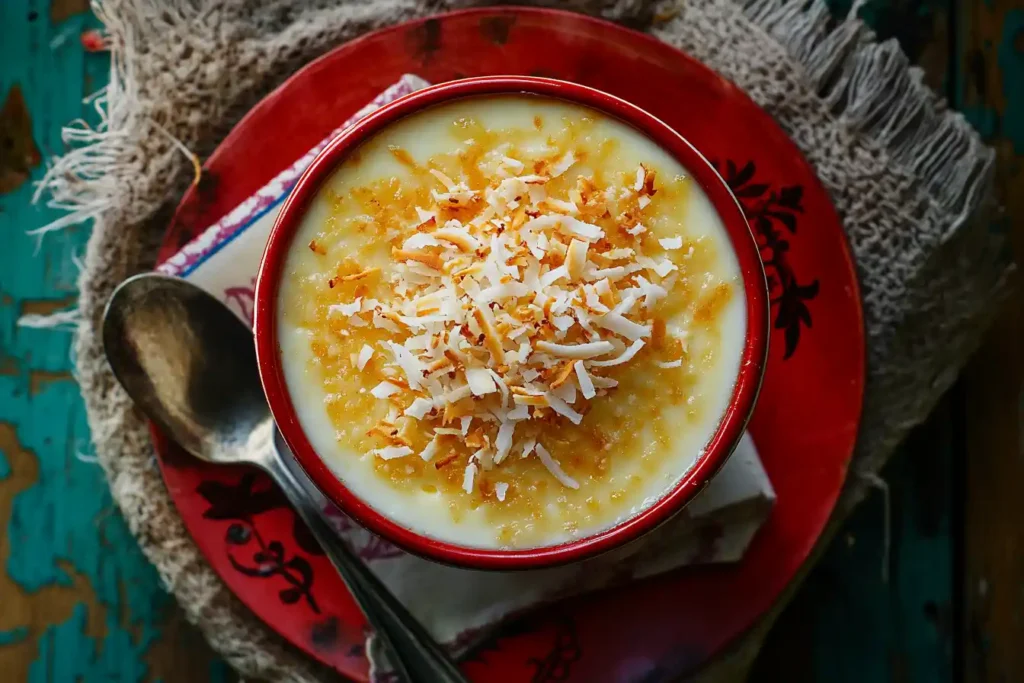 Showcase a vibrant image of a crème brûlée with coconut cream served in a ramekin, garnished with toasted coconut and a red border for emphasis.