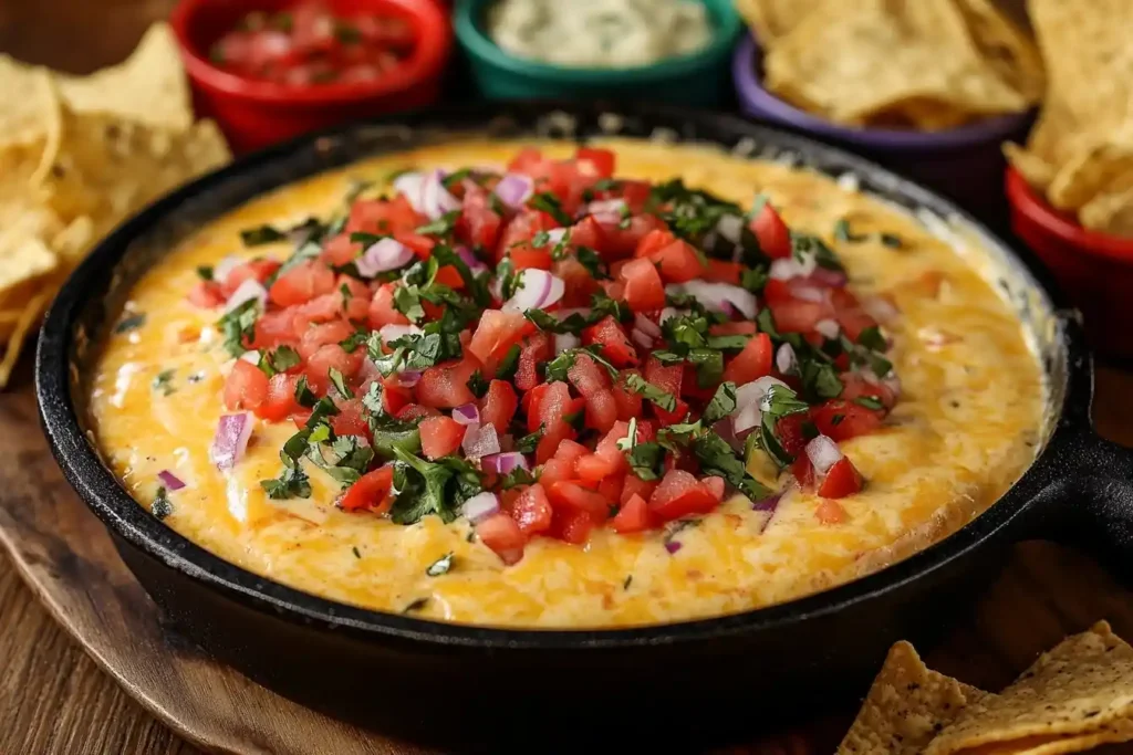 A cozy fall evening spread featuring  queso in a cast iron skillet, paired with chips, margaritas, and warm-colored fall accents.