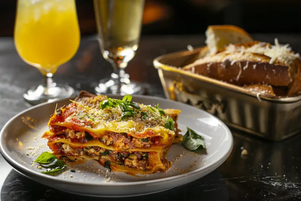 plated lasagna slice, garnished with fresh basil and Parmesan