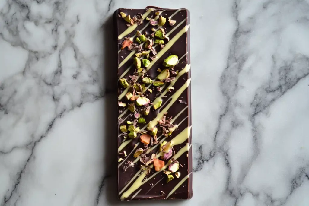 A photo of a sleek artisanal chocolate bar with tahini drizzle and pistachio toppings, styled on a marble surface.