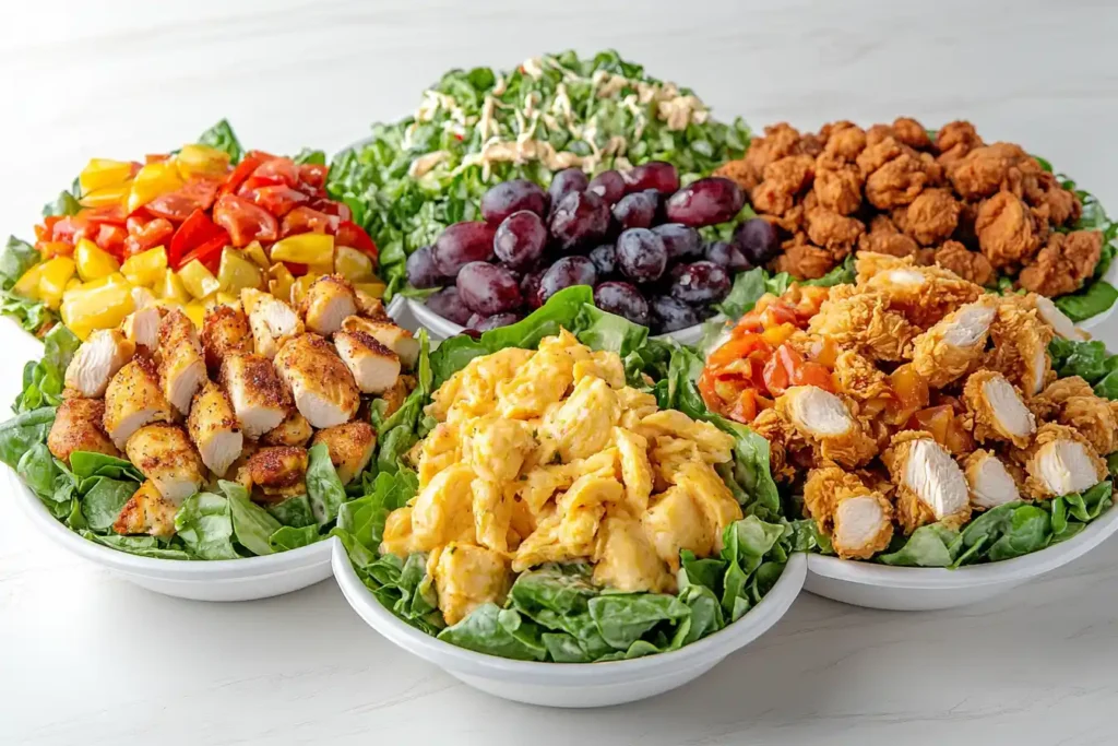 Side-by-side comparison of chicken salads from Golden Chick, Chick-fil-A, and Popeyes, showcasing their unique styles: Golden Chick's vibrant, balanced presentation with fresh ingredients, Chick-fil-A's sweeter salad with grapes and creamy dressing, and Popeyes' bold, spice-infused Southern-style option.