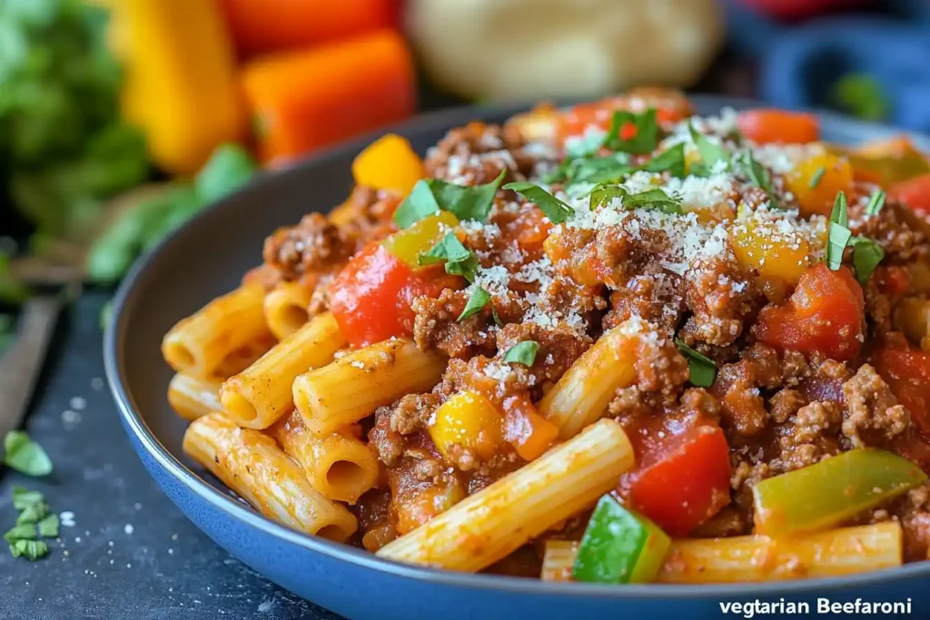 Beefaroni Made Of: A vibrant plate of vegetarian pasta with colorful vegetables, showcasing a plant-based take on the dish.