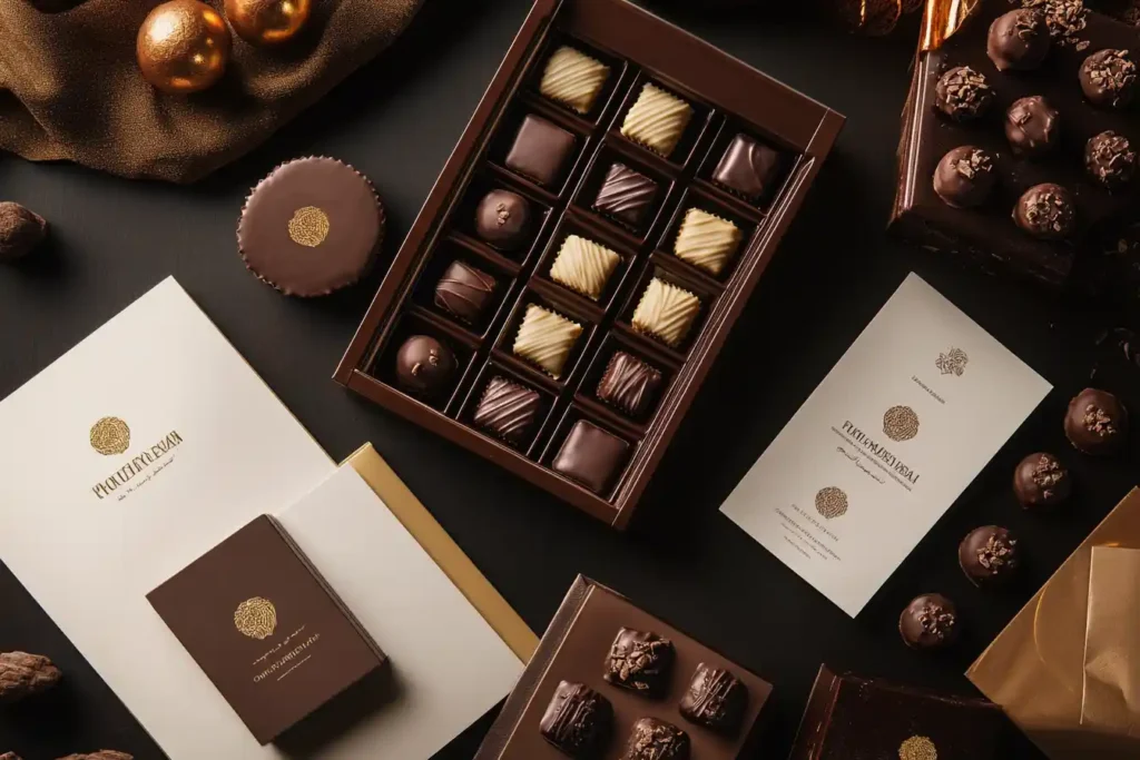 A flat-lay image featuring beautifully packaged Dubai chocolates alongside customer testimonial cards.