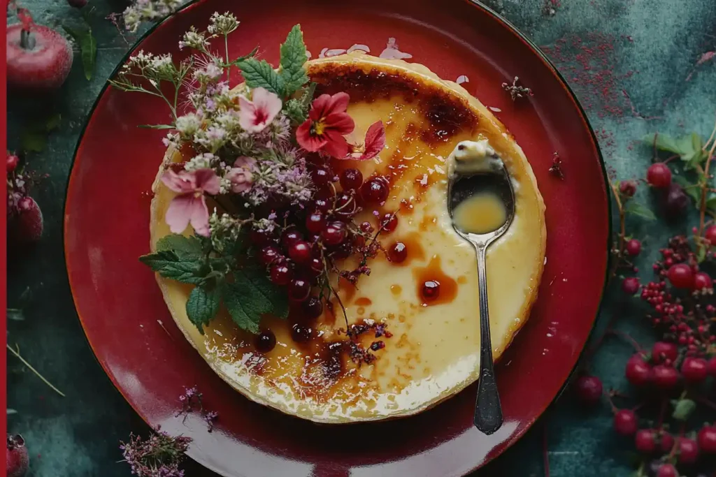 a beautifully plated crème brûlée with garnishes like edible flowers and berries, a spoon cracking into the caramelized crust, framed with a red border for emphasis.