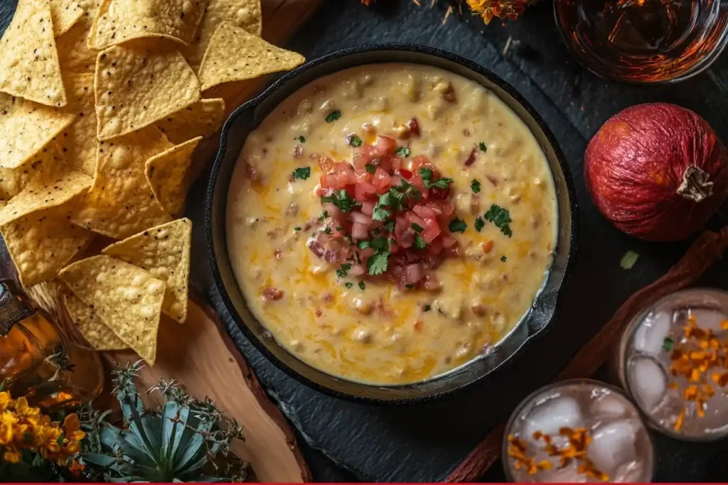 A cozy fall evening spread featuring smoked in a cast iron skillet, paired with chips