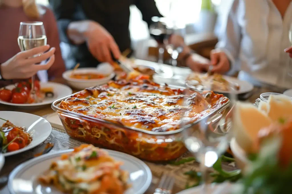 A family gathering at a dinner table, with a large lasagna being served, highlighting the dish as the centerpiece.