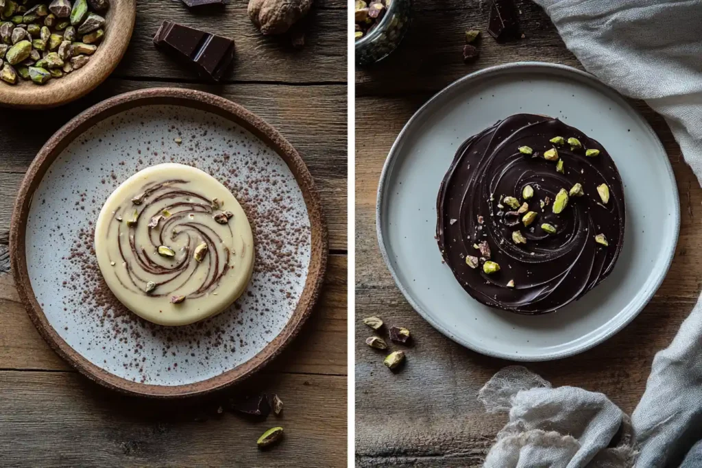 two plates, one featuring tahini swirls and pistachios, and the other without tahini, placed on a rustic wooden surface.