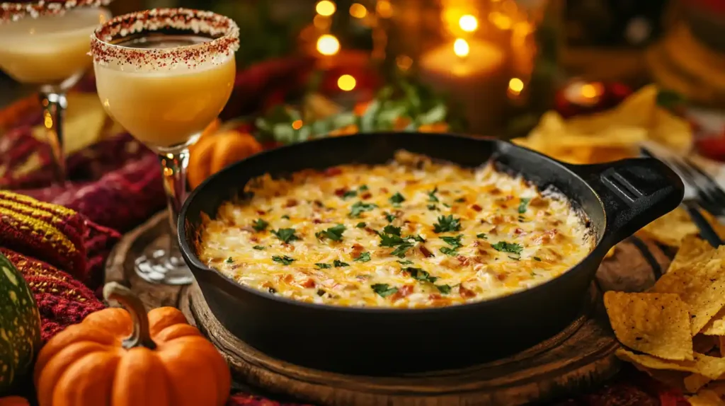 Picture a cozy fall evening spread where comfort and warmth blend seamlessly. At the center, a sizzling cast iron skillet filled with creamy, melted queso serves as the star of the show.