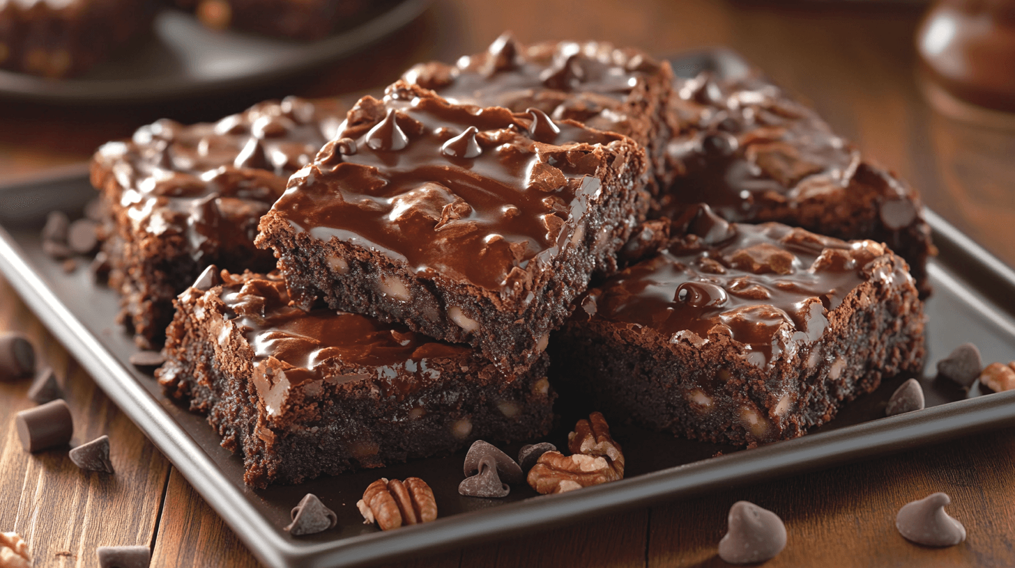 A tray of freshly baked Ghirardelli brownies with a glossy chocolate crust, cut into neat squares and stacked to reveal their fudgy texture. Chocolate chips, nuts, and a drizzle of melted chocolate surround the brownies, set against a rustic wooden background with warm, cozy lighting.